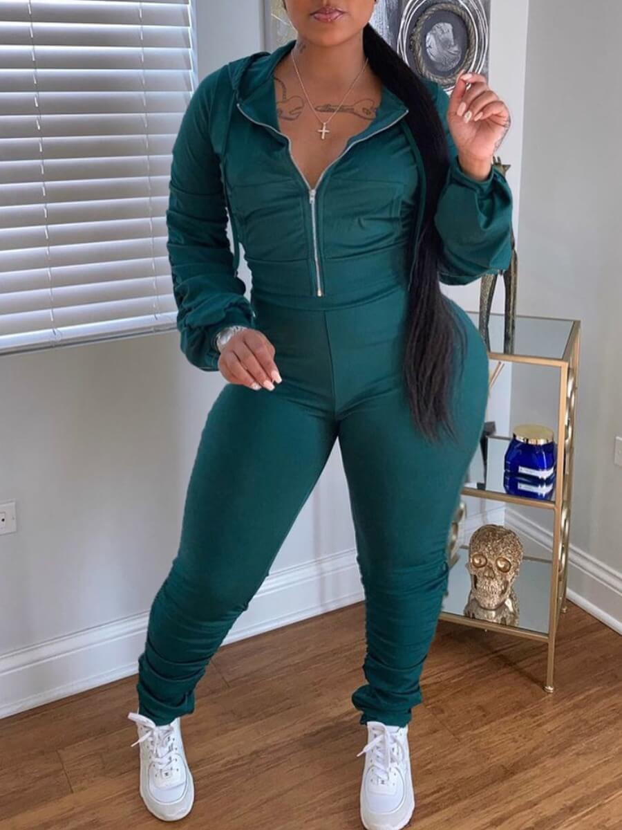 

Lovely Casual Hooded Collar Zipper Design Green Plus Size Two-piece Pants Set