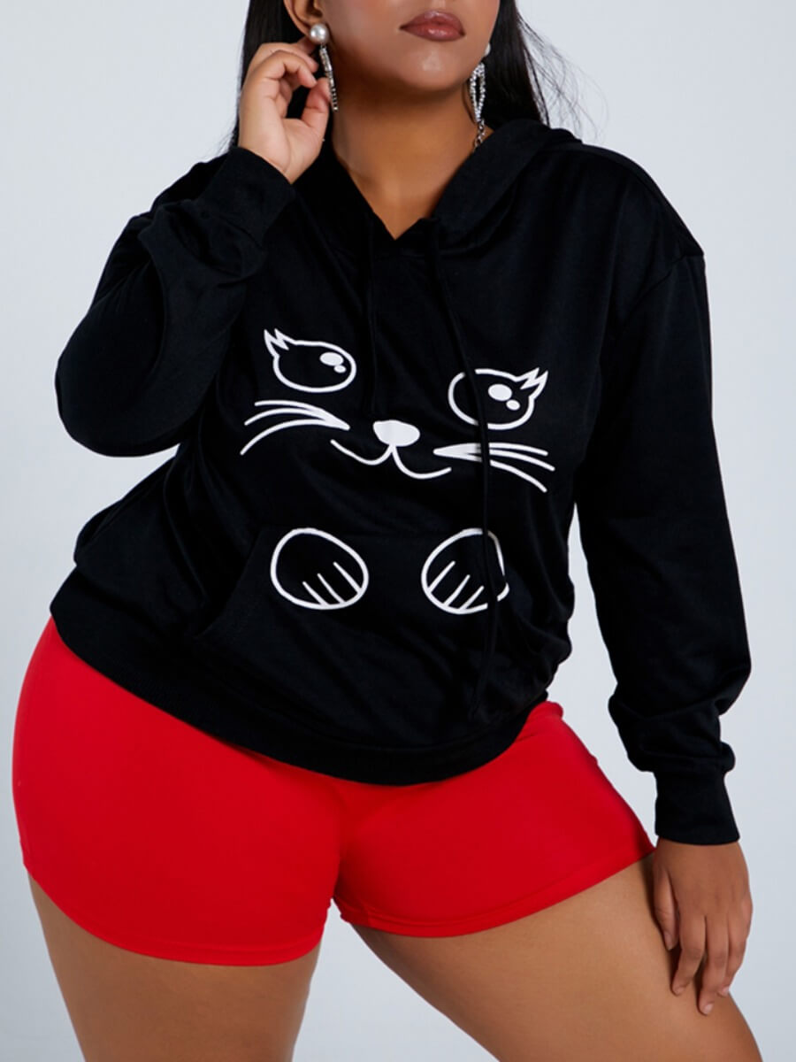 

Lovely Casual Hooded Collar Print Black Plus Size Hoodie
