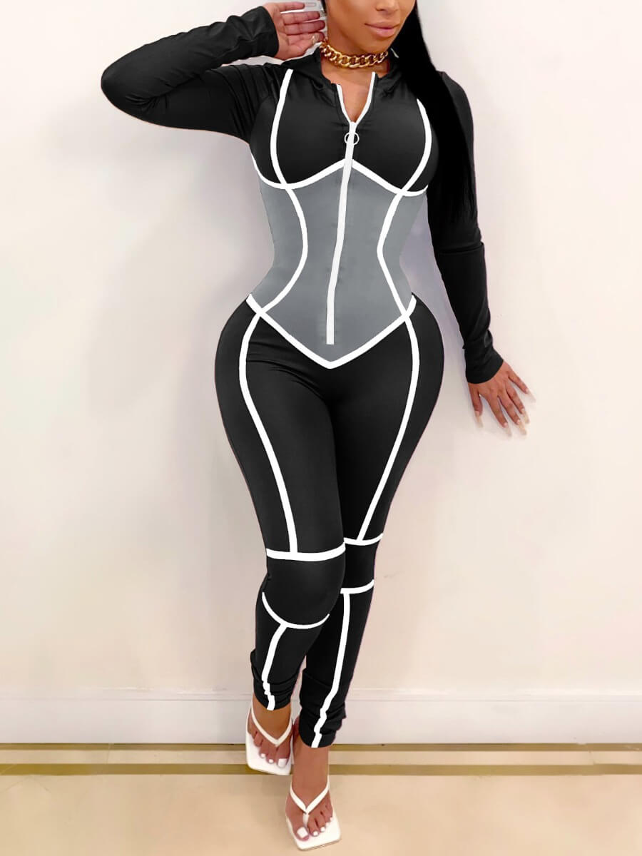 

Lovely Sportswear Zipper Design Patchwork Black One-piece Jumpsuit
