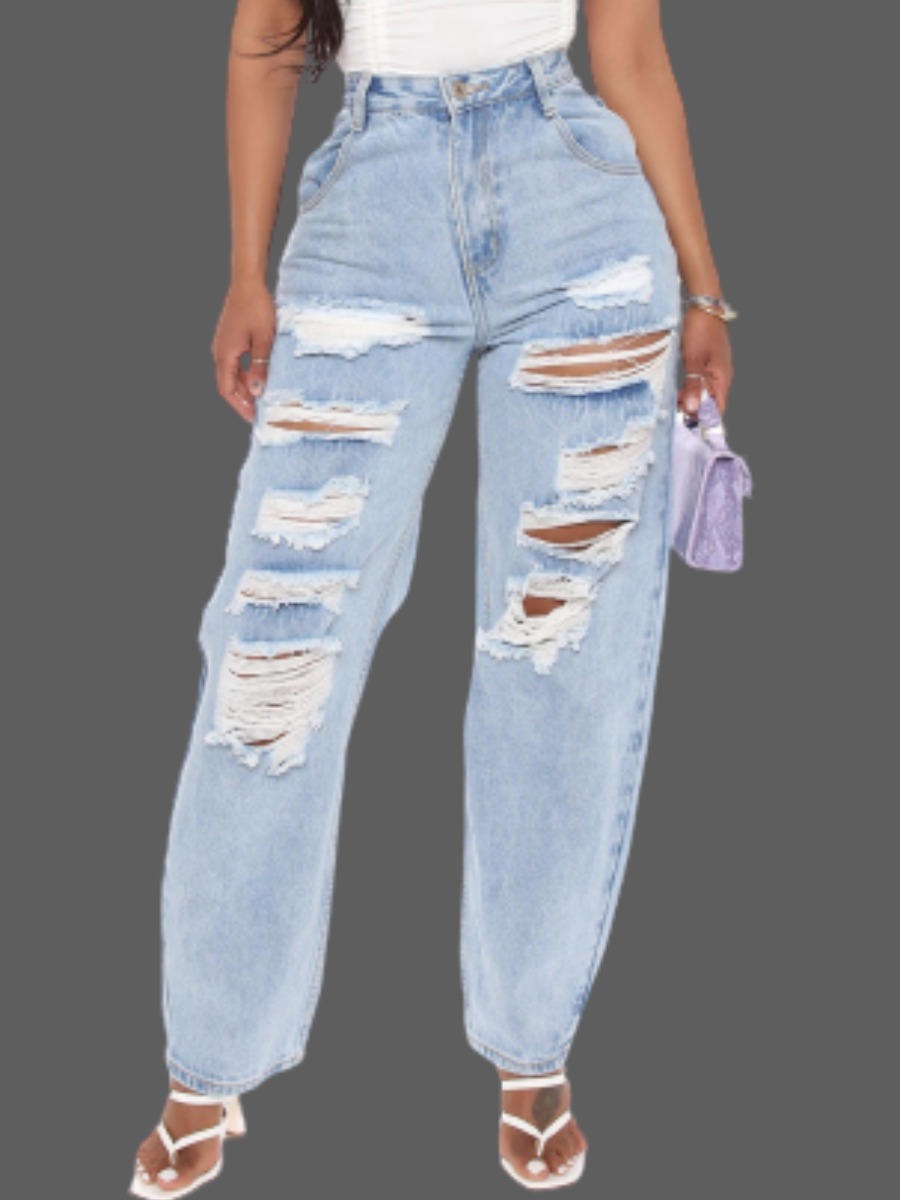 

Lovely Casual Broken Holes Baby Blue Jeans