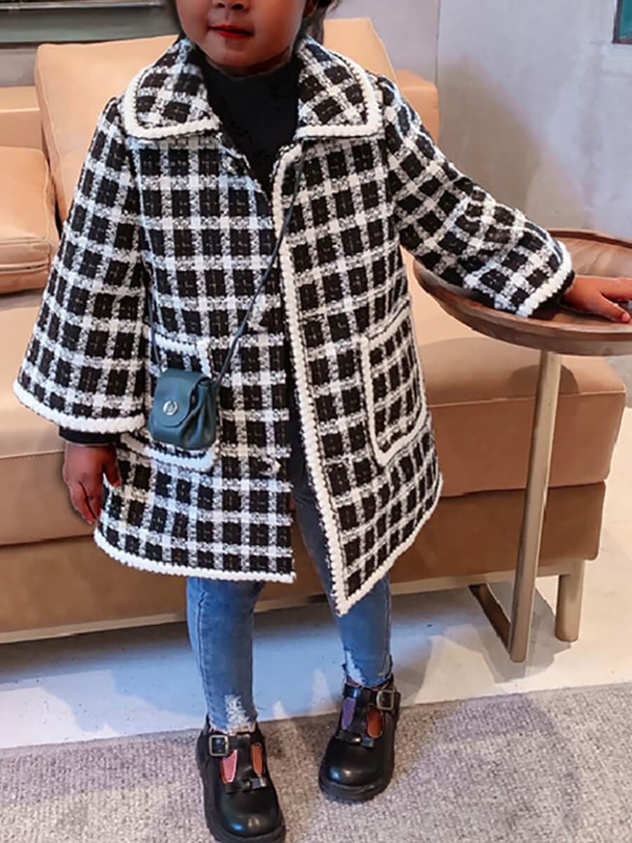 

Lovely Trendy Turndown Collar Grid Print Black And White Girl Coat, Black & white tartan