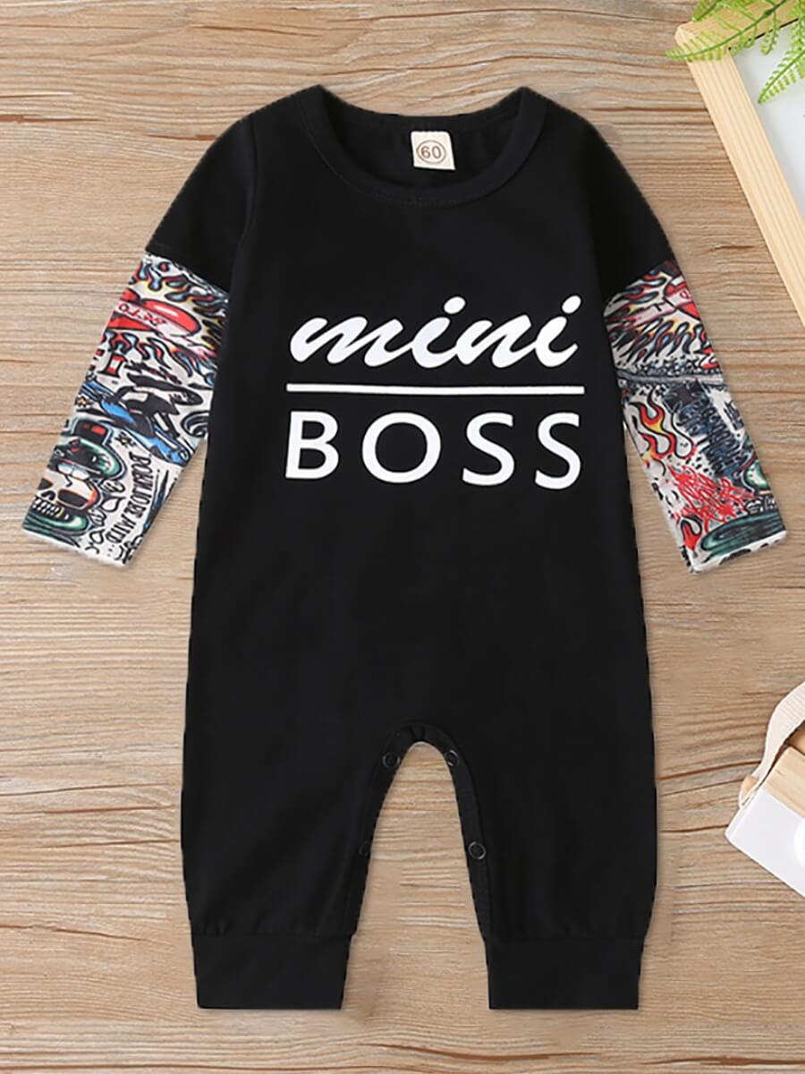 

Lovely Street O Neck Letter Print Black Boy One-piece Jumpsuit