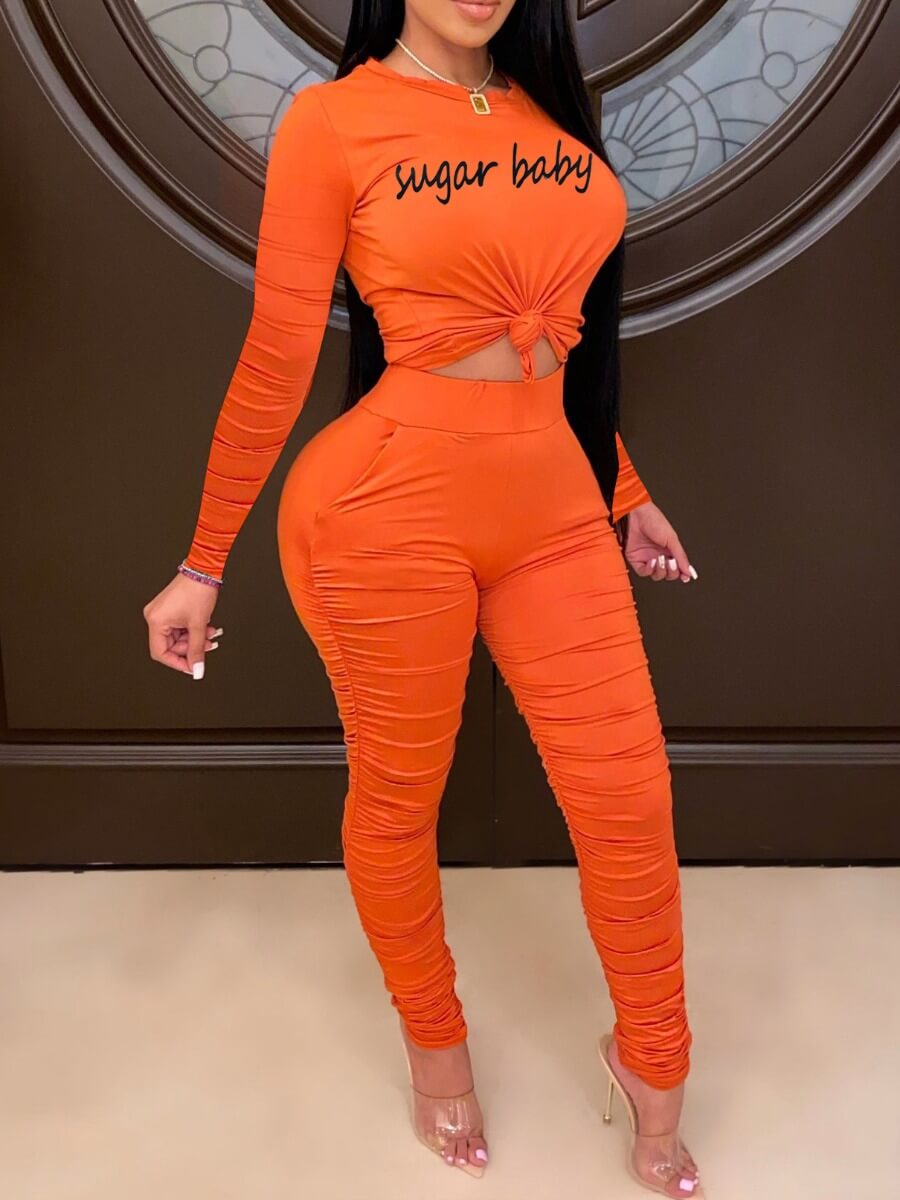 

Lovely Casual O Neck Letter Print Fold Design Jacinth Two Piece Pants Set