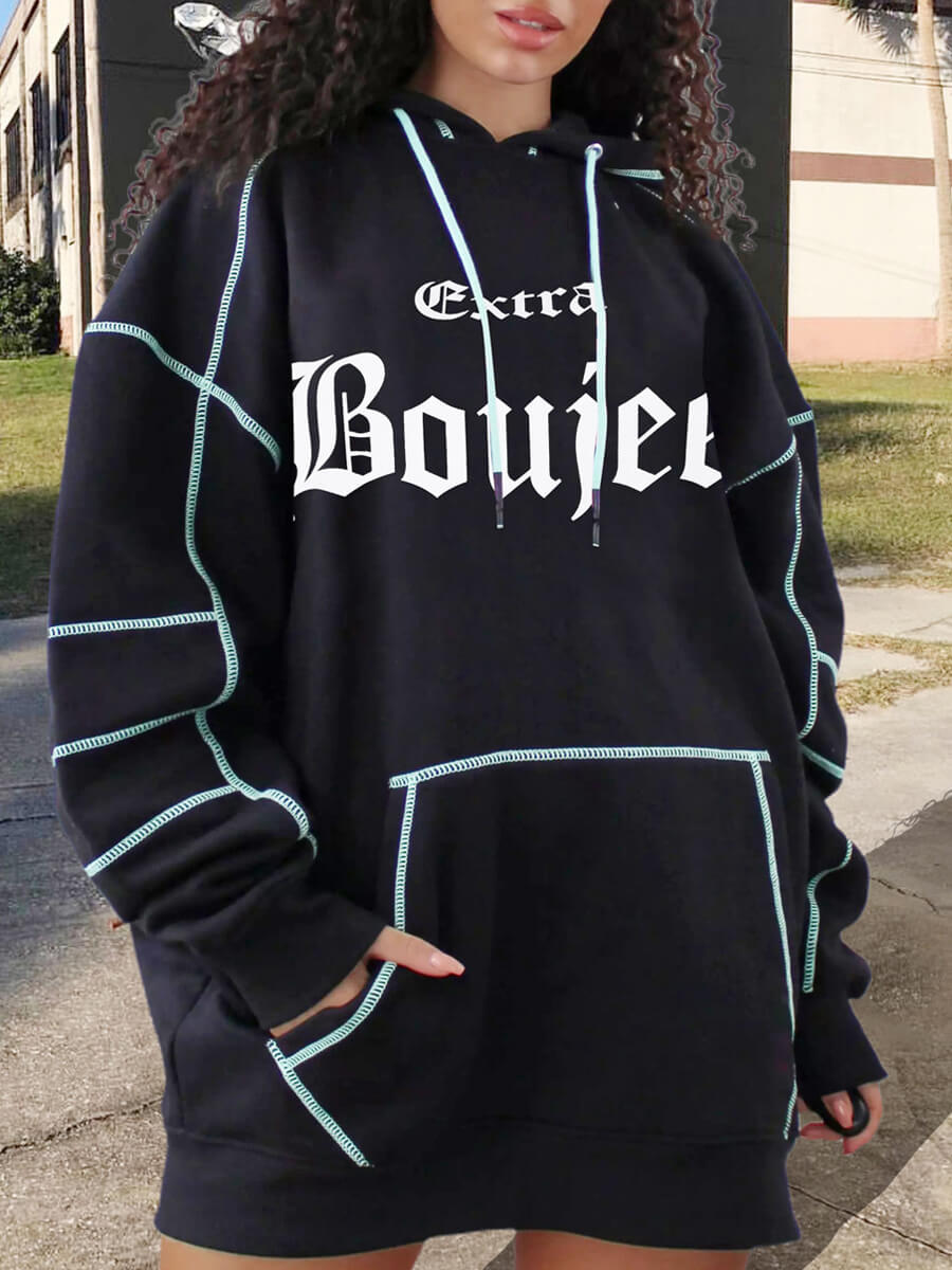 

Lovely Street Hooded Collar Letter Print Black Mini Dress