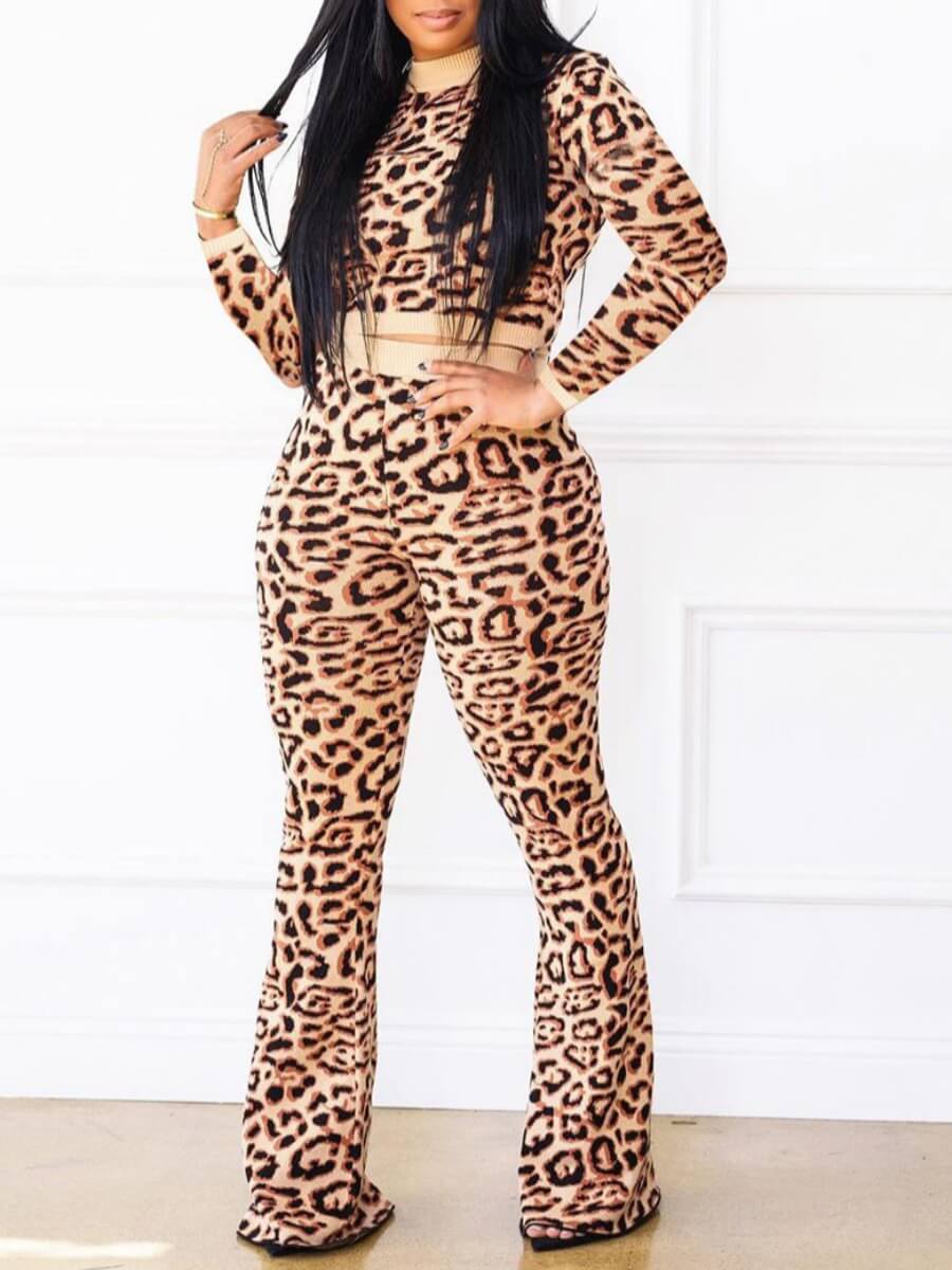 

Lovely Trendy Turtleneck Leopard Print Cream-colored Two Piece Pants Set