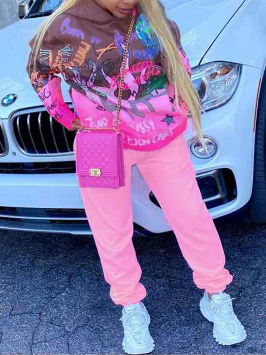 

Lovely Sportswear Hooded Collar Print Pink Two Piece Pants Set