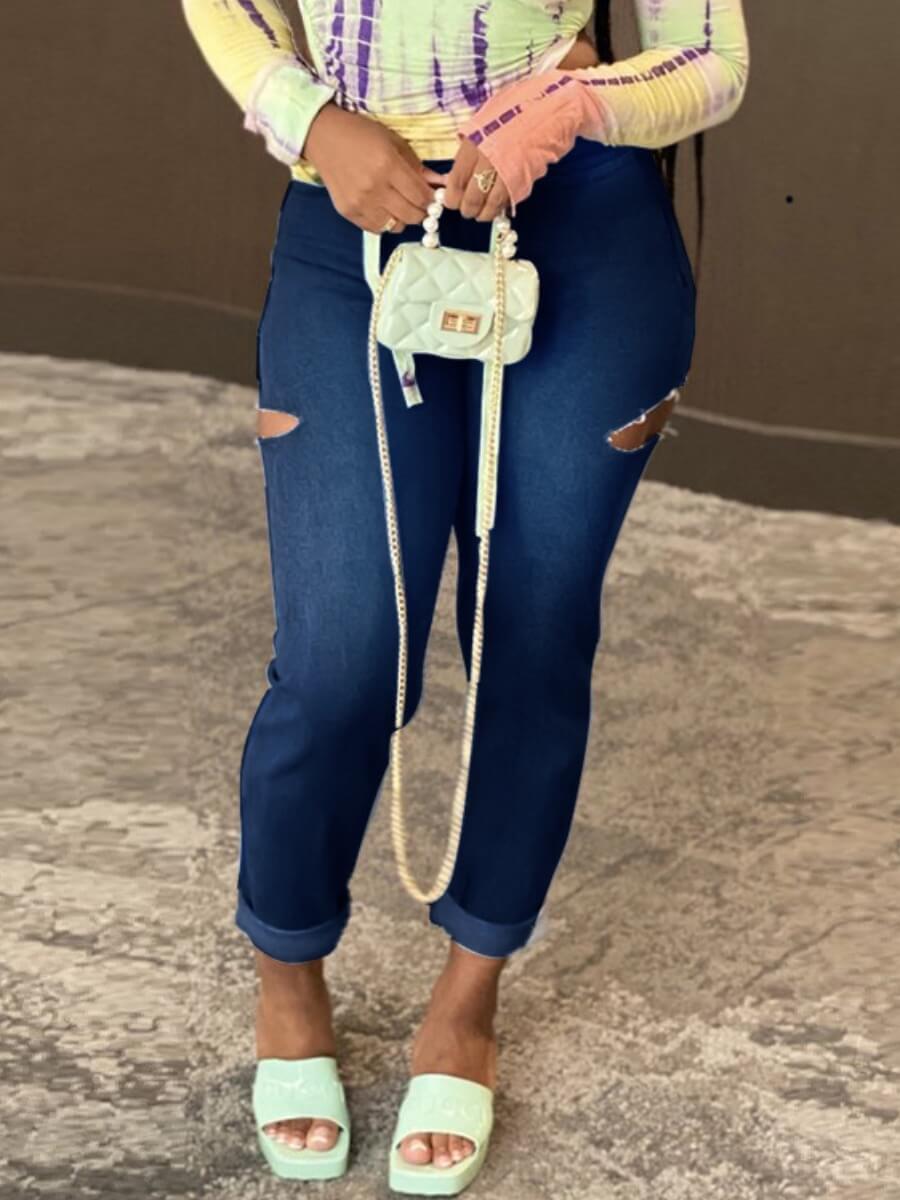

Lovely Casual Broken Holes Skinny Deep Blue Jeans