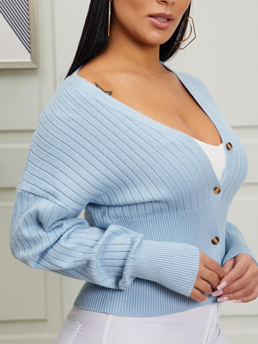 

Lovely Sweet V Neck Buttons Design Blue Cardigan