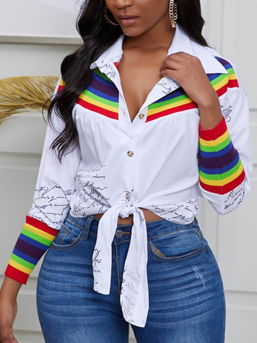 

Lovely Street Turndown Collar Rainbow Striped White Blouse