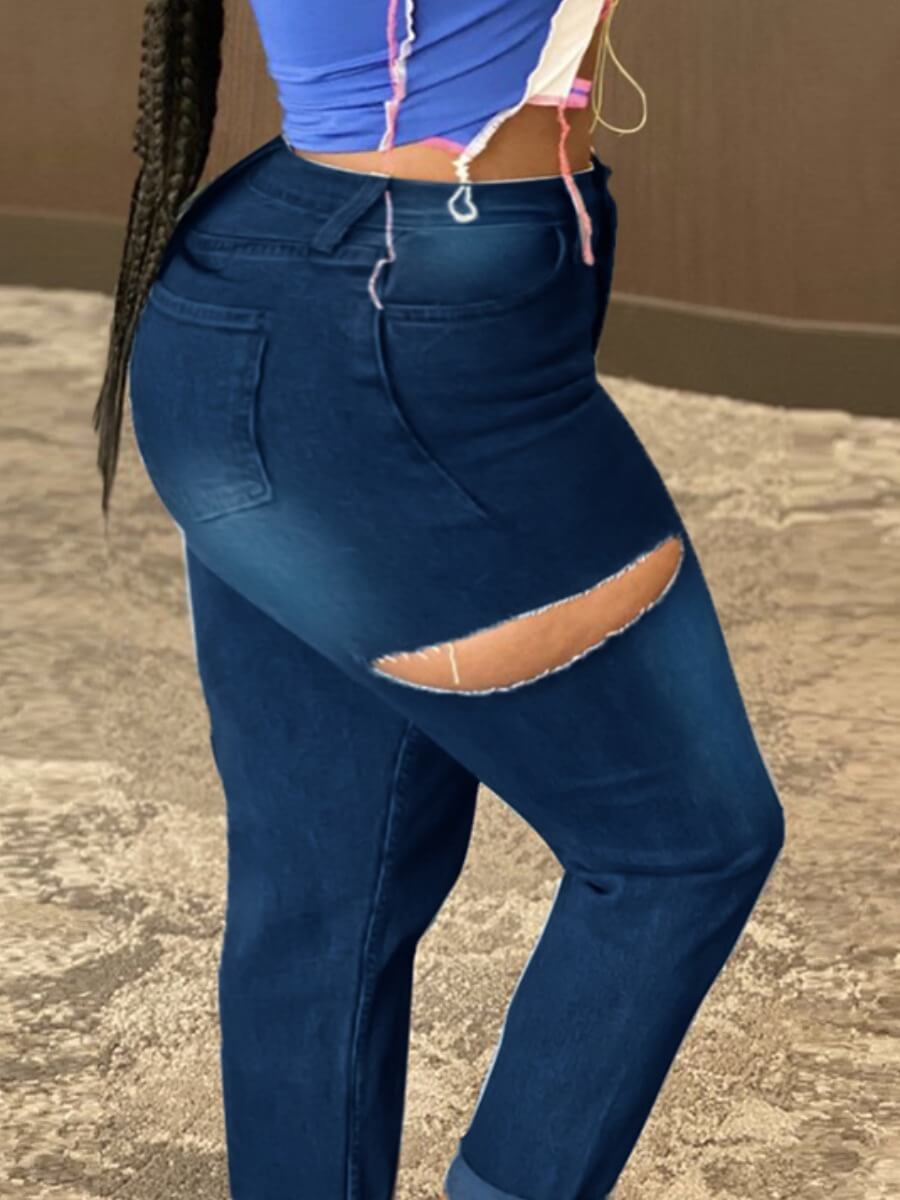 

Lovely Casual Hollow-out Deep Blue Plus Size Jeans