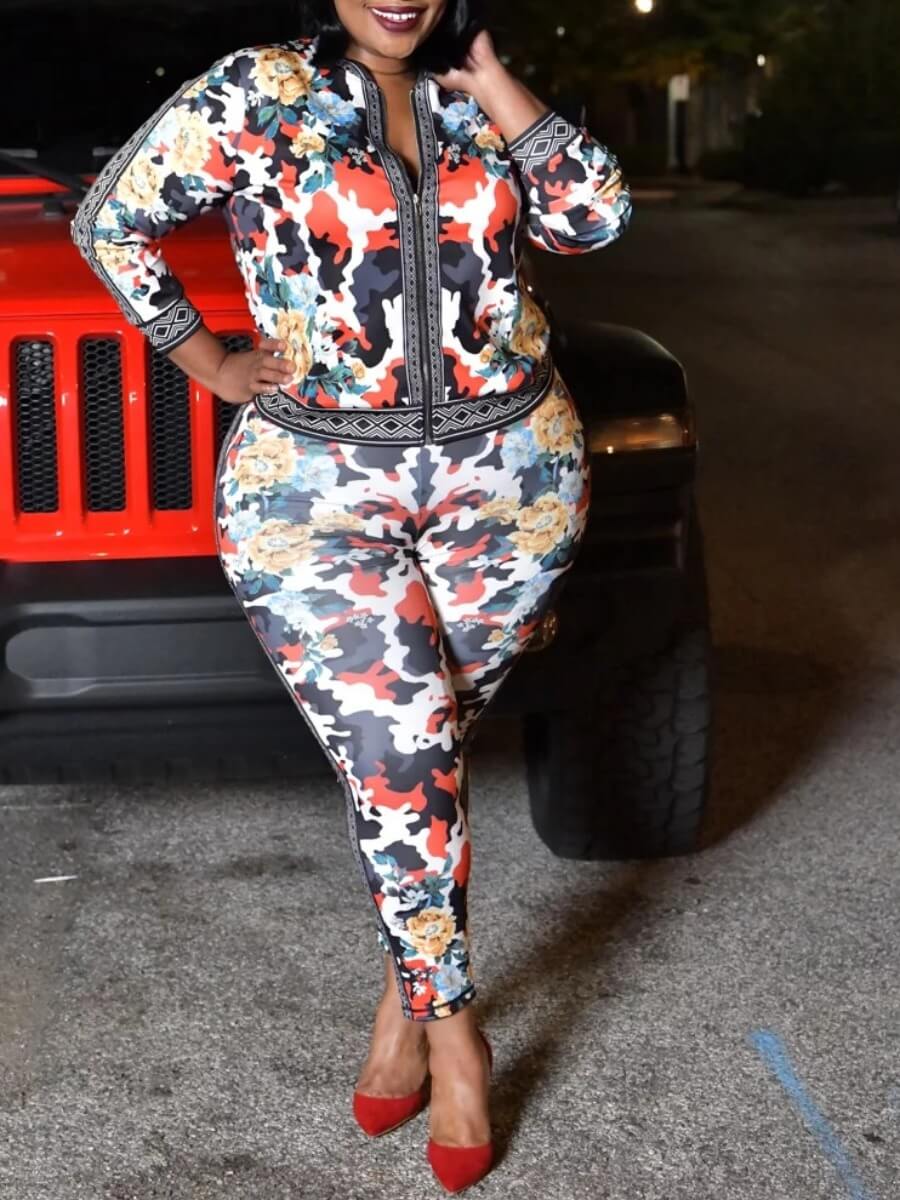 

Lovely Stylish Print Zipper Design Black Plus Size Two-piece Pants Set