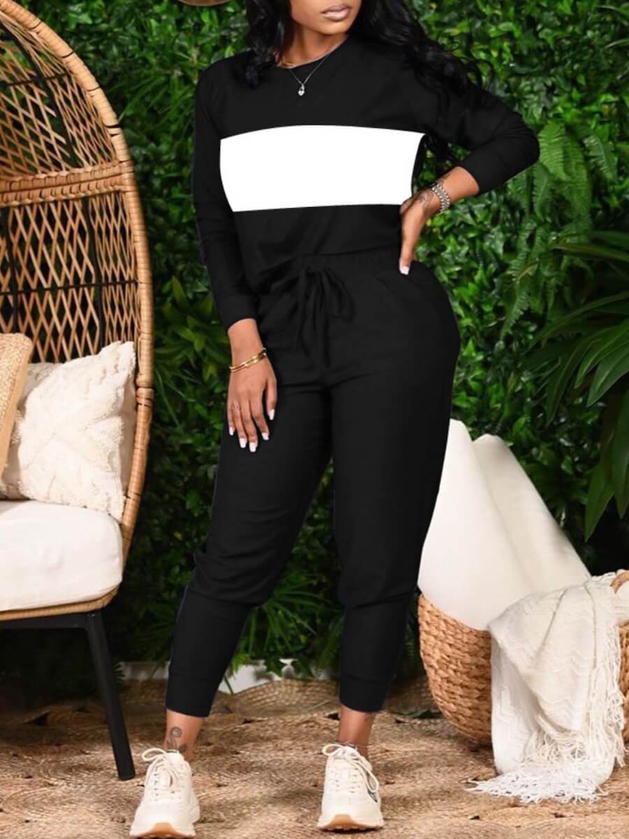 

Lovely Sportswear O Neck Patchwork Black Two Piece Pants Set