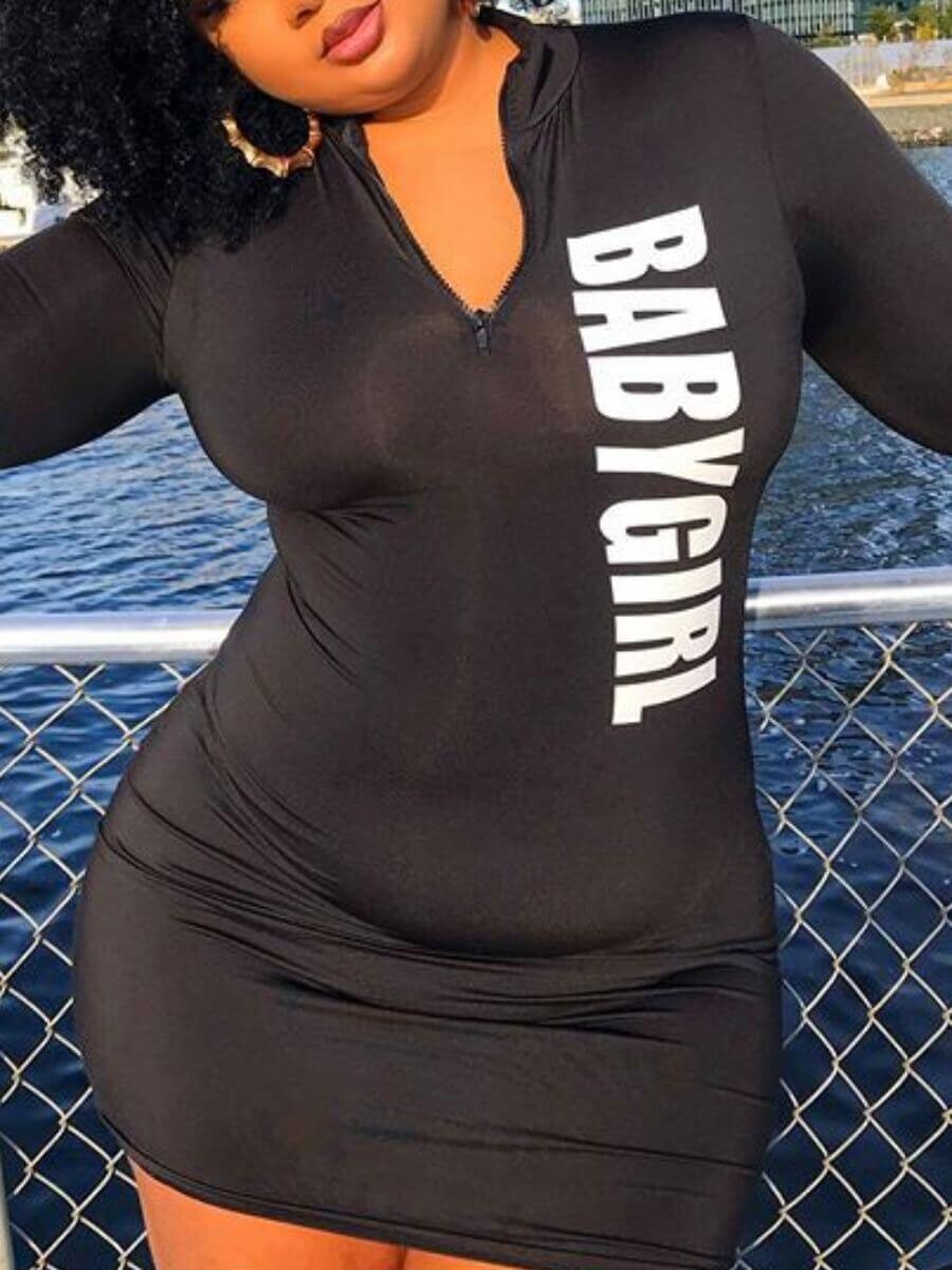 

Lovely Casual V Neck Letter Print Black Mini Plus Size Dress