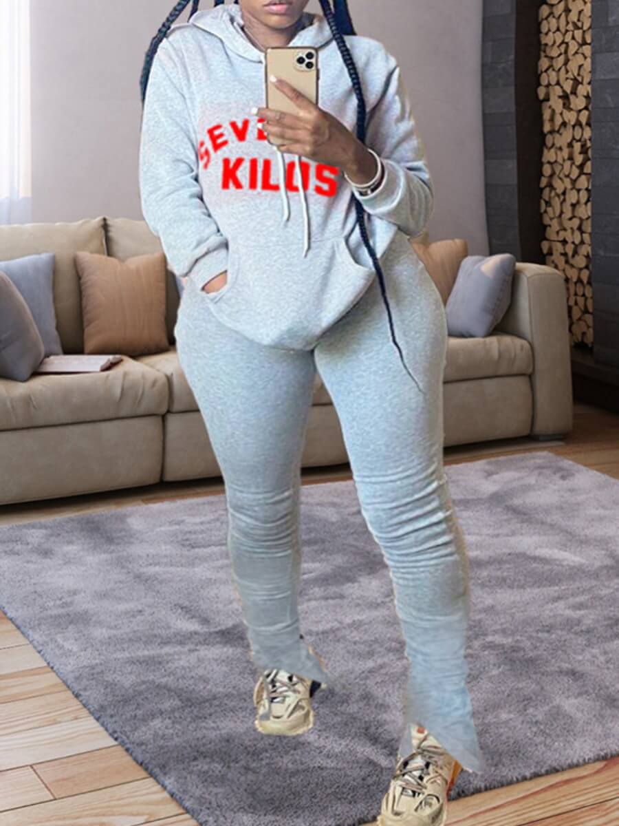 

Lovely Casual Hooded Collar Letter Print Grey Two Piece Pants Set