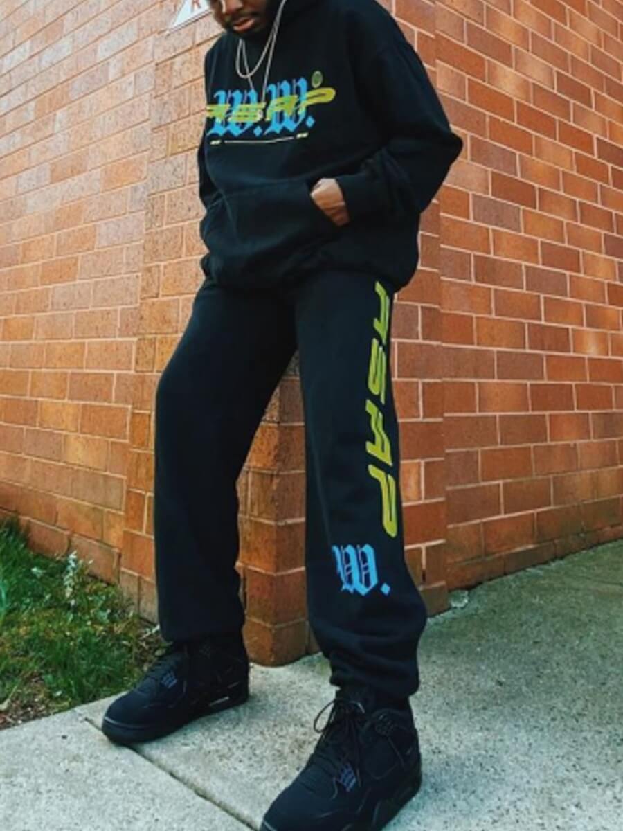 

Lovely Leisure Hooded Collar Letter Print Black Men Two-piece Pants Set