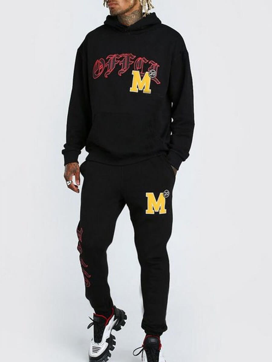 

Lovely Leisure Hooded Collar Letter Print Black Men Two-piece Pants Set