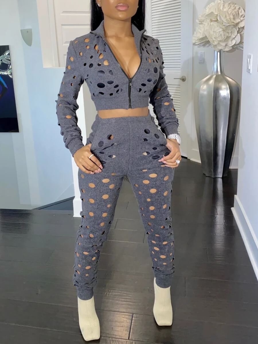 

Lovely Casual Turndown Collar Hollow-out Zipper Design Grey Two Piece Pants Set