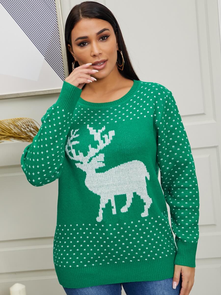 

Lovely Christmas Day O Neck Print Green Sweater