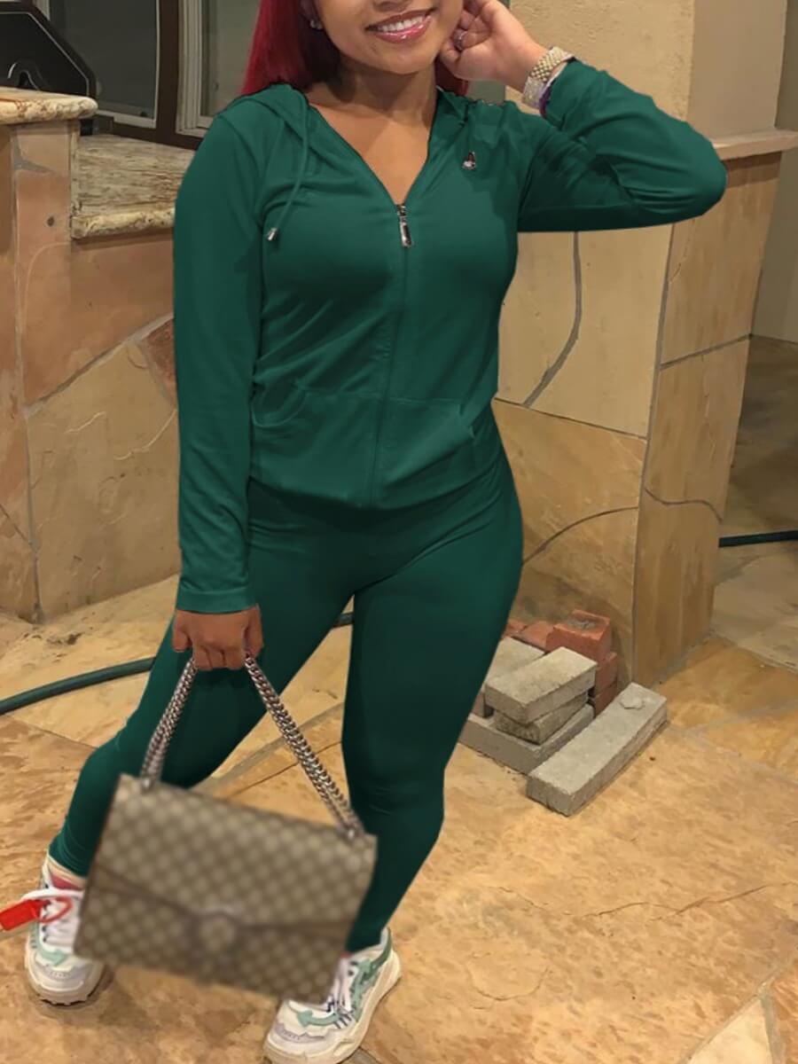 

Lovely Leisure Hooded Collar Zipper Design Blackish Green Two Piece Pants Set, Black green