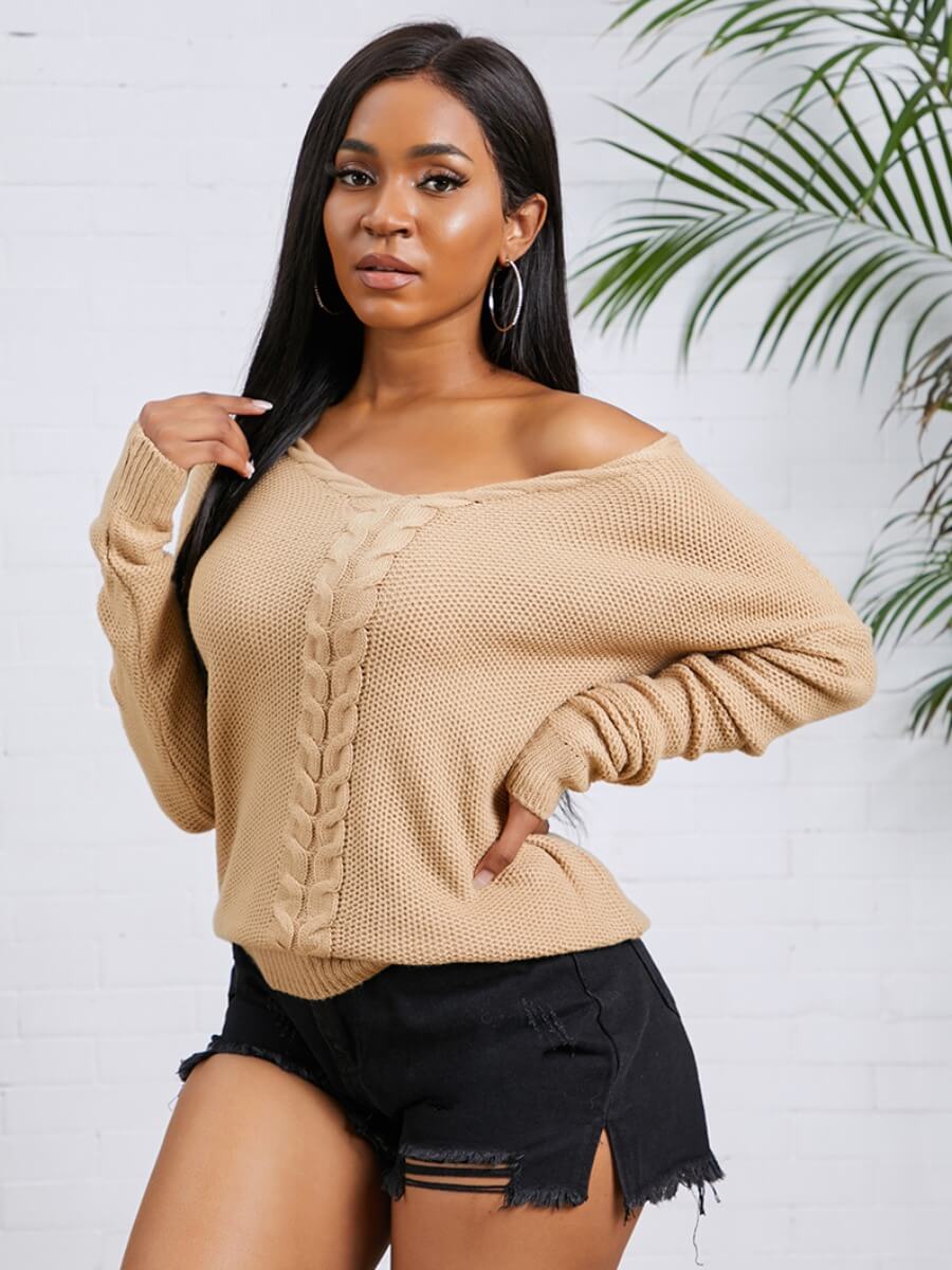 

Lovely Street V Neck Bandage Design Khaki Sweater