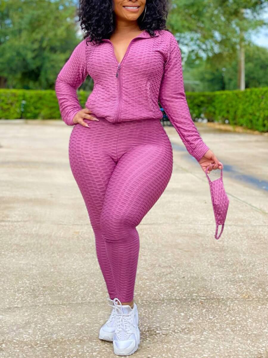 

Lovely Casual Turndown Collar Zipper Design Light Purple Plus Size Two-piece Pants Set