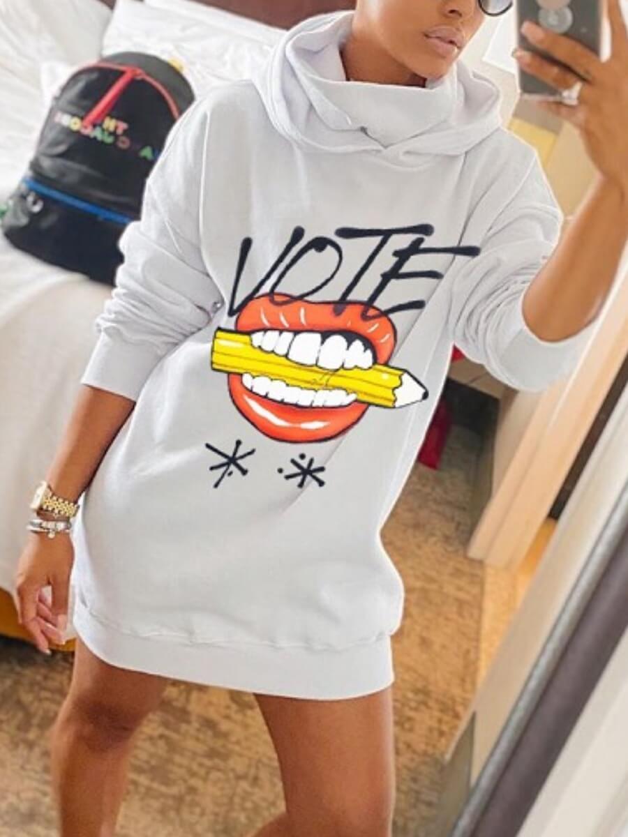 

Lovely Street Hooded Collar Print White Mini Dress