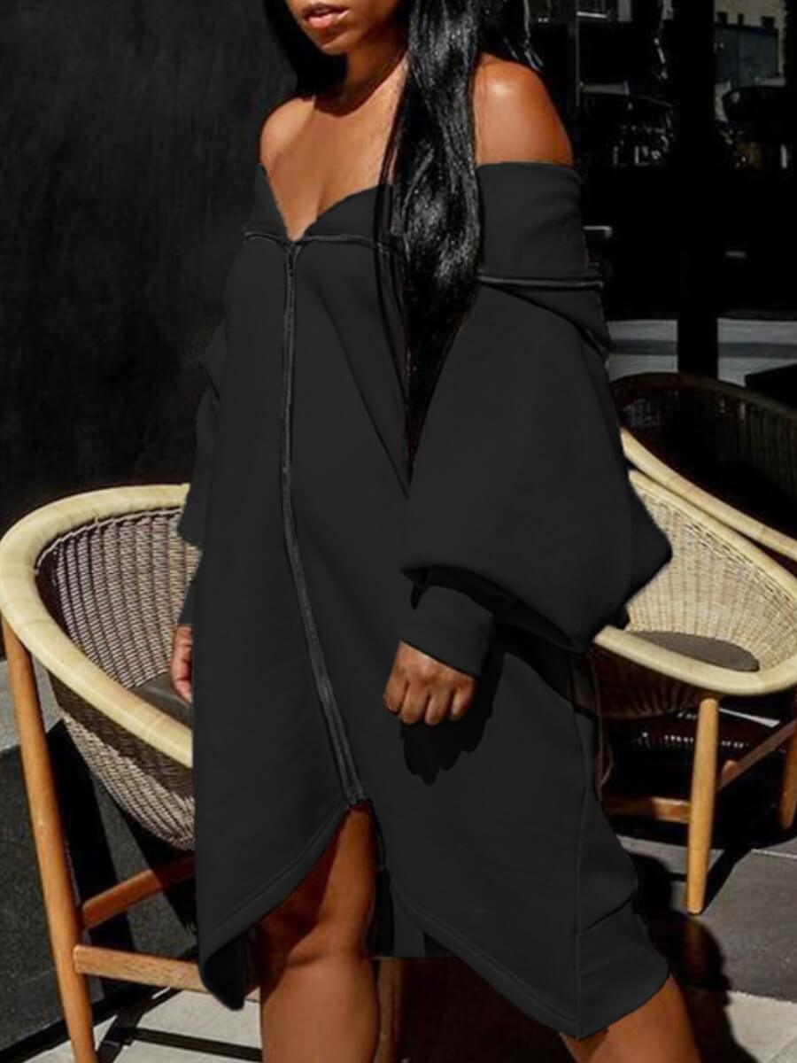 

Lovely Casual Hooded Collar Zipper Design Black Knee Length Dress