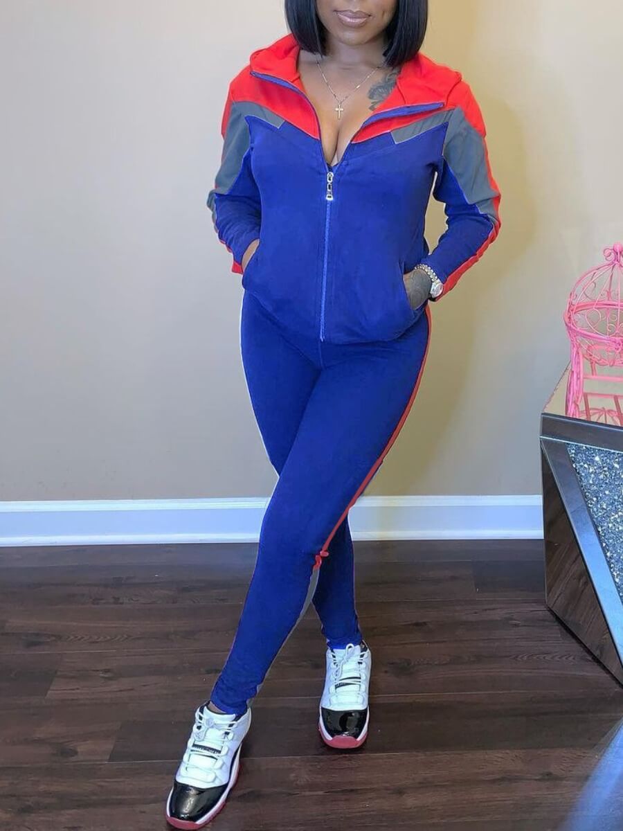 

Lovely Sportswear Hooded Collar Patchwork Blue Two Piece Pants Set