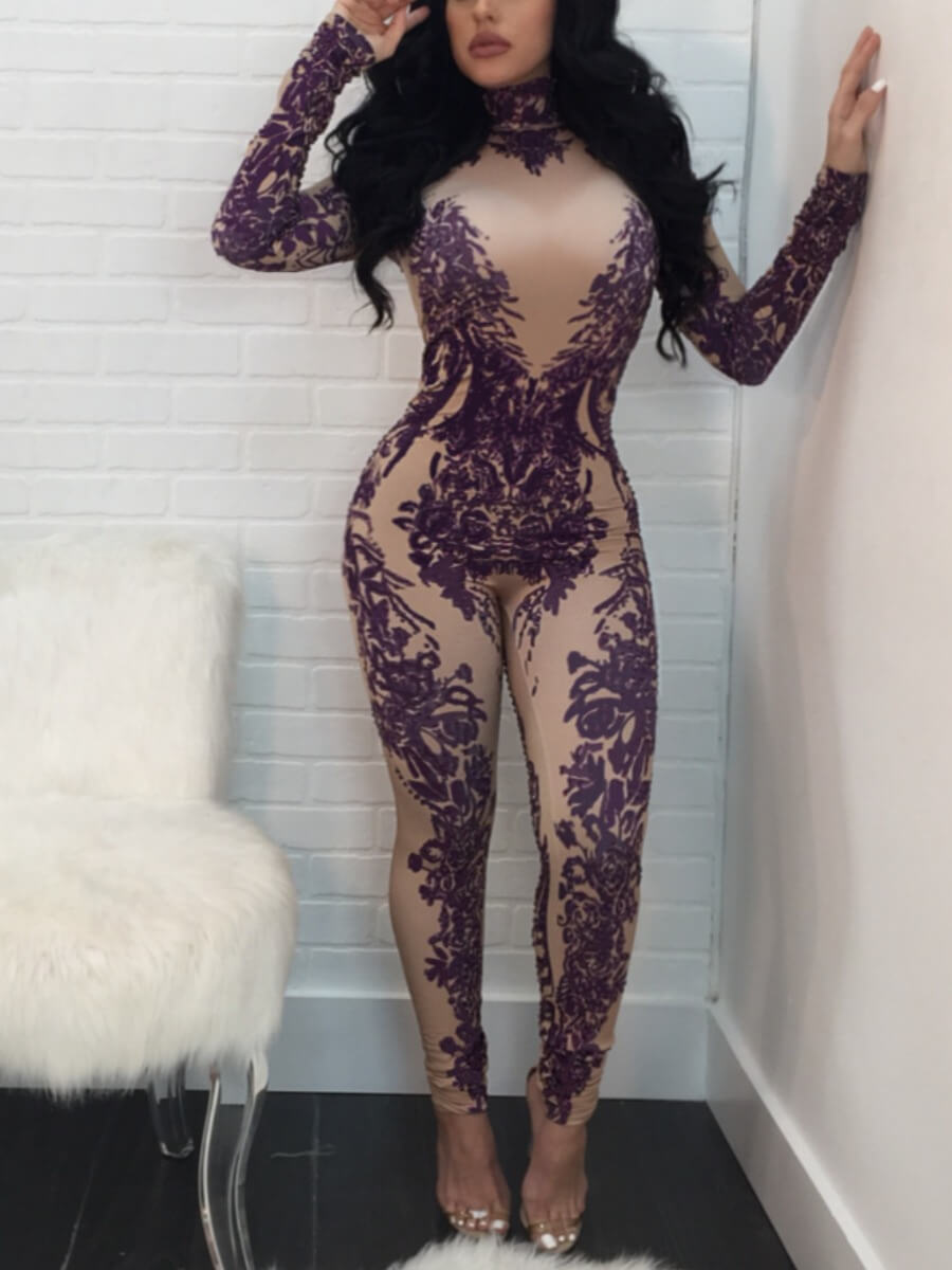 

Lovely Stylish Turtleneck Print Skinny Purple One-piece Jumpsuit