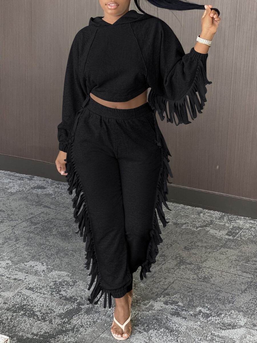 

Lovely Street Hooded Collar Tassel Design Black Two Piece Pants Set