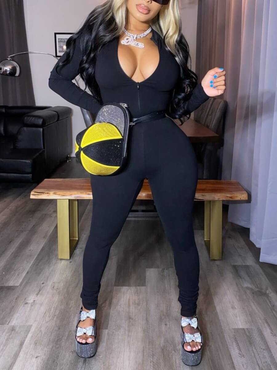 

Lovely Sportswear Zipper Design Skinny Black One-piece Jumpsuit