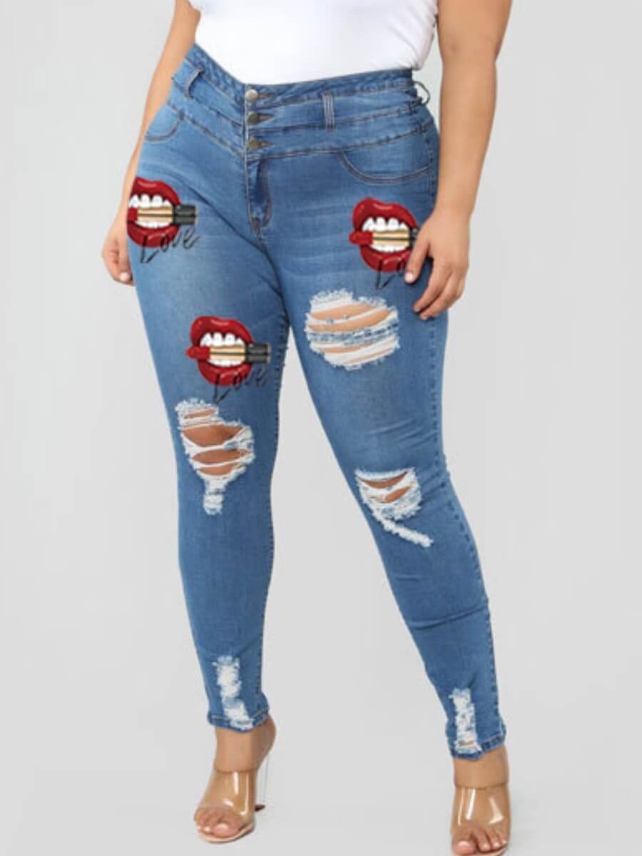 

Lovely Casual Lip Print Broken Holes Deep Blue Plus Size Jeans