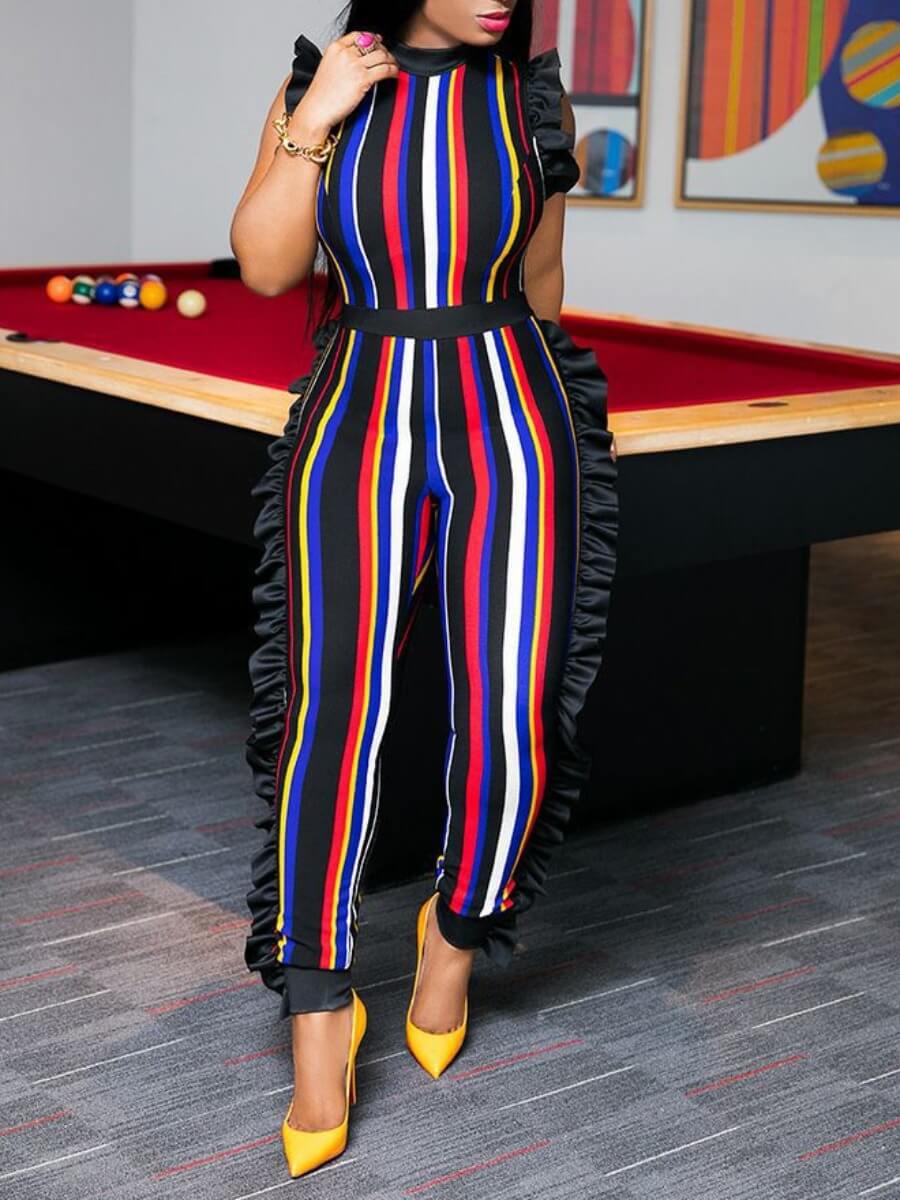 

Lovely Stylish O Neck Rainbow Striped Red One-piece Jumpsuit