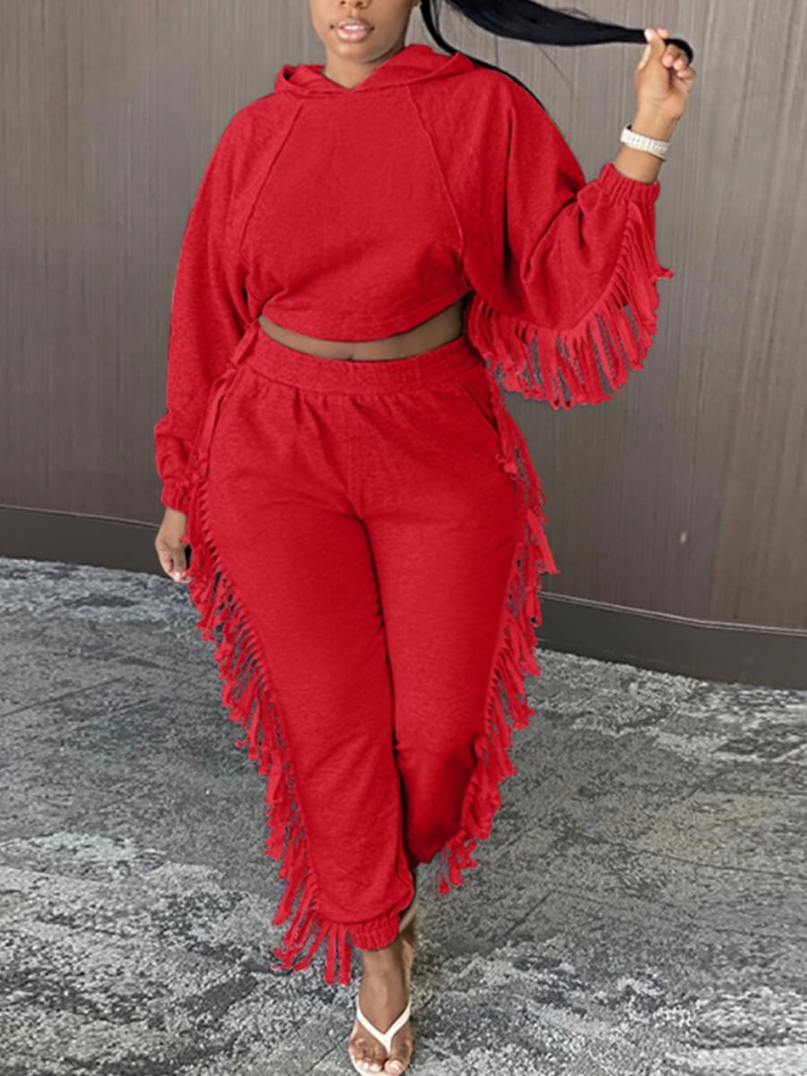 

Lovely Casual Hooded Collar Tassel Design Red Plus Size Two-piece Pants Set