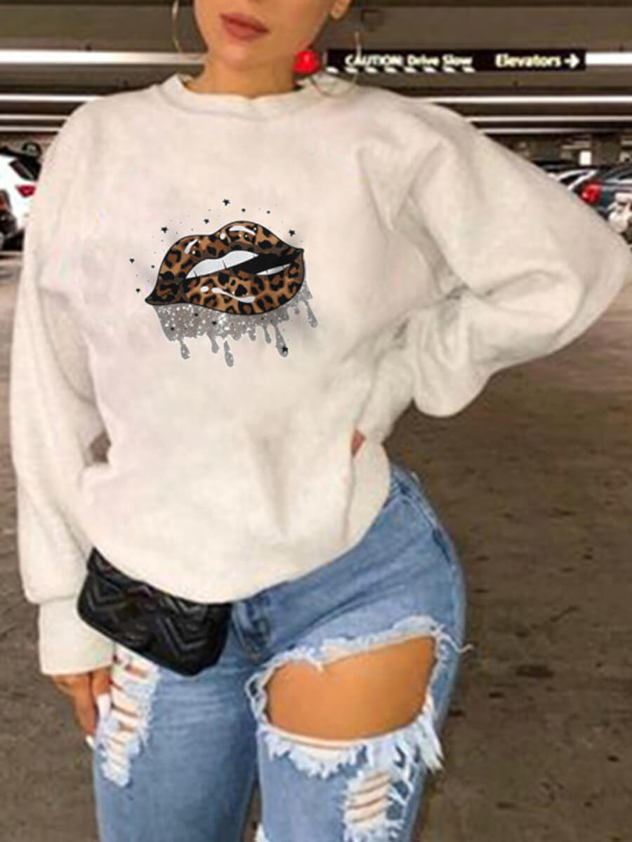 

Lovely Casual O Neck Lip Print White Plus Size Hoodie
