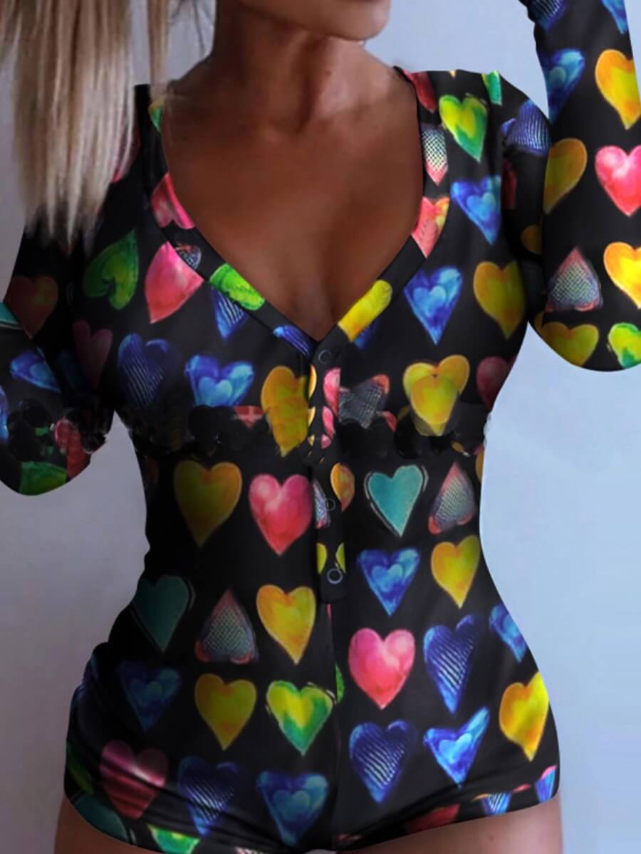 

Lovely Stylish V Neck Heart Print Black Sleepwear