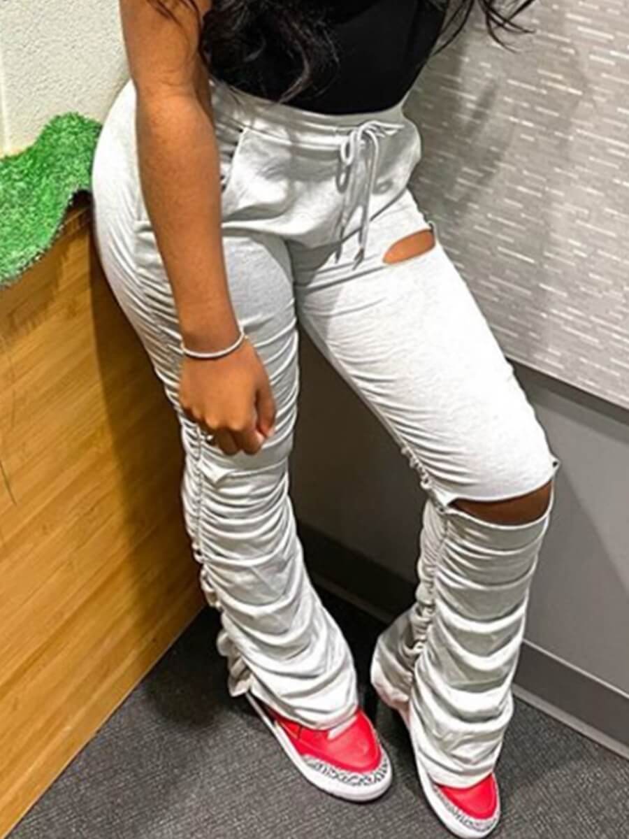 

Lovely Casual Fold Design Hollow-out White Pants