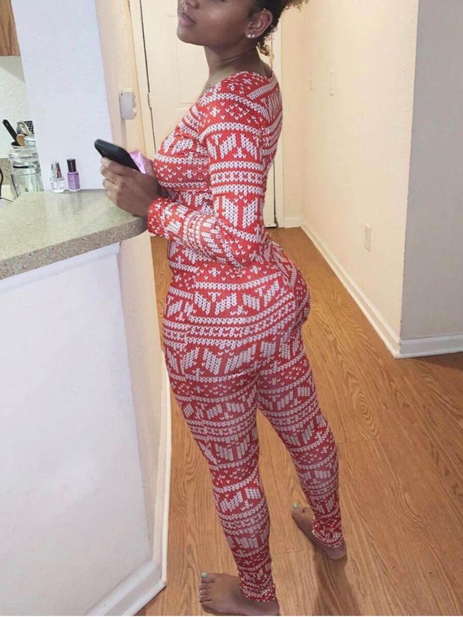 

Lovely Trendy V Neck Print Skinny Red One-piece Jumpsuit