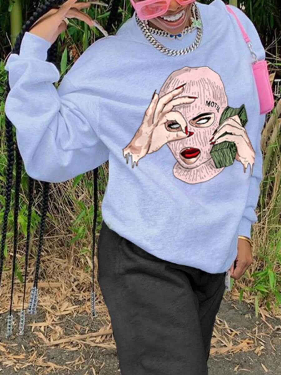 

Lovely Casual O Neck Print Light Grey Hoodie