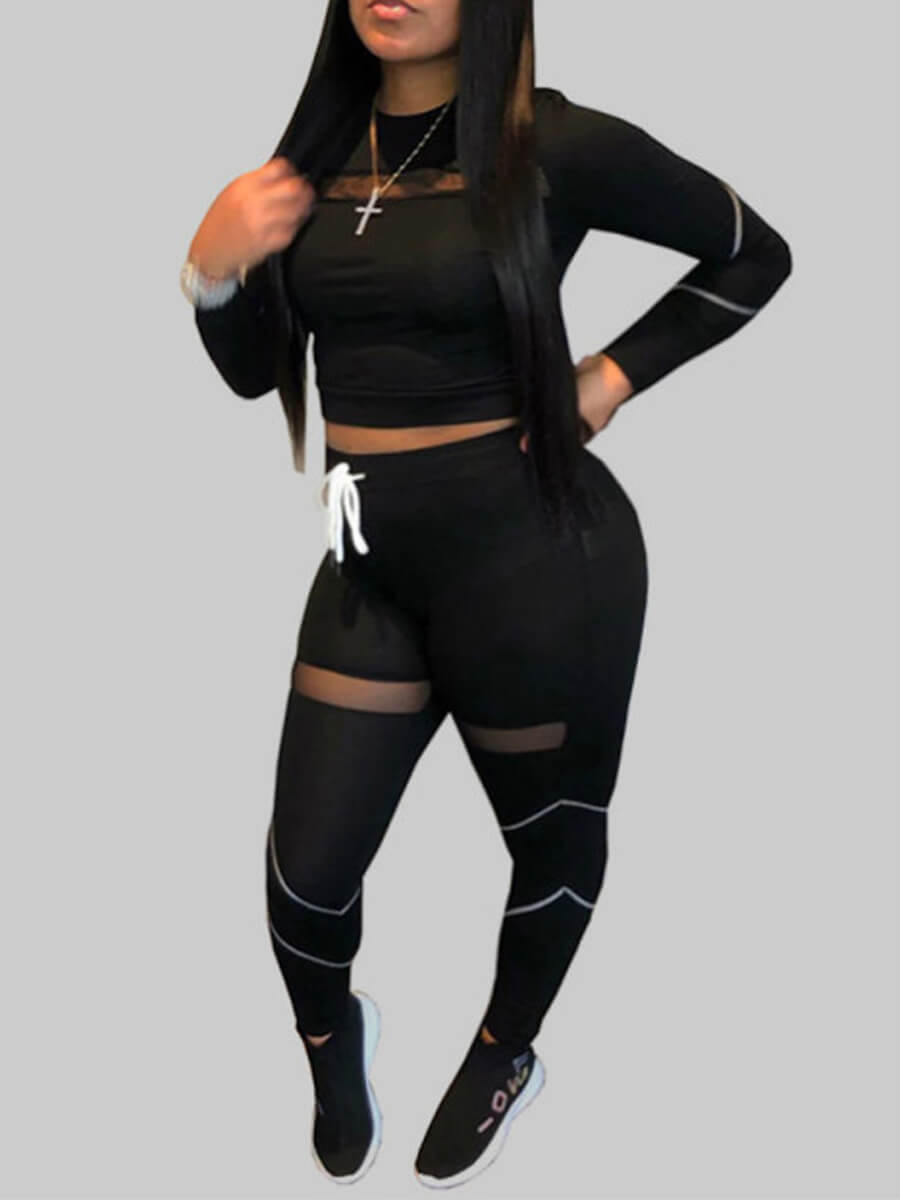 

Lovely Casual O Neck Patchwork Black Plus Size Two-piece Pants Set
