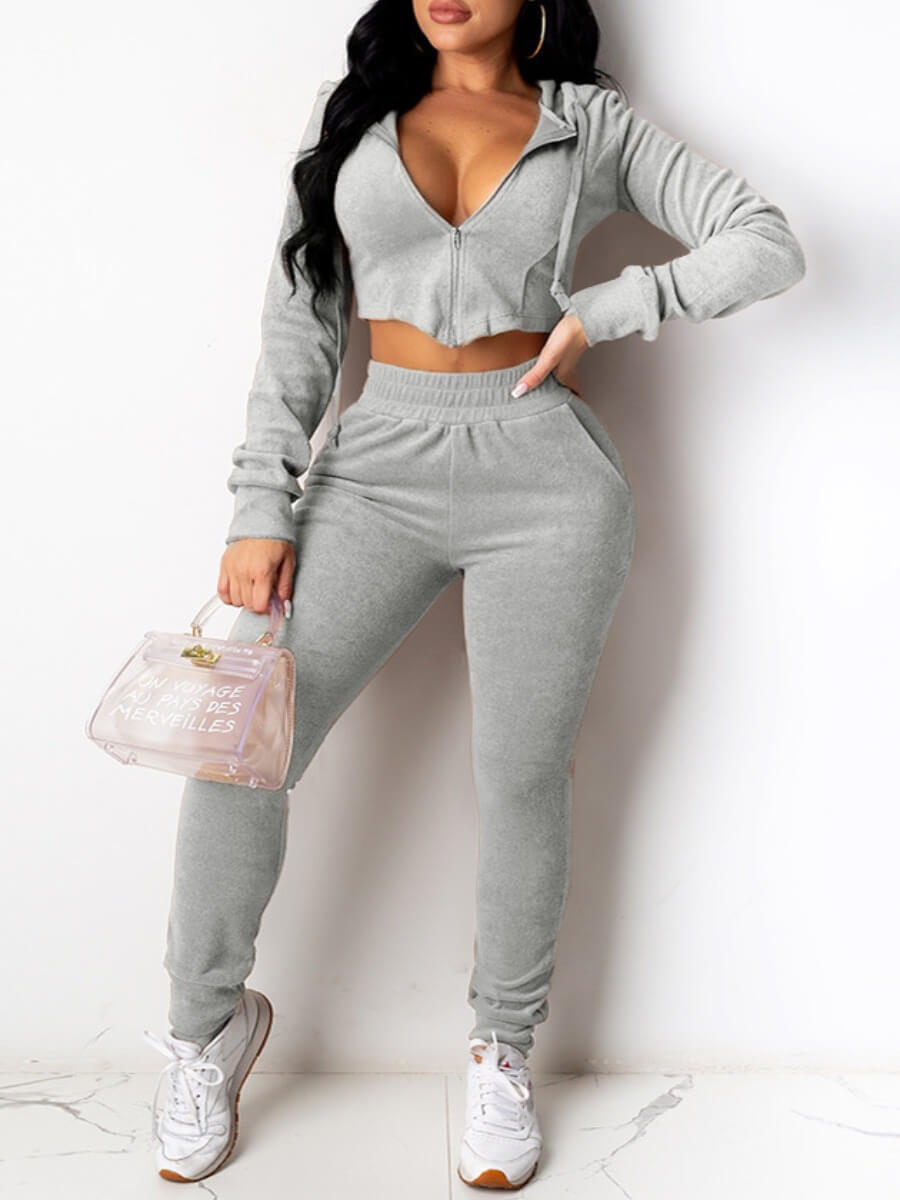 

Lovely Sportswear Hooded Collar Zipper Design Grey Two Piece Pants Set