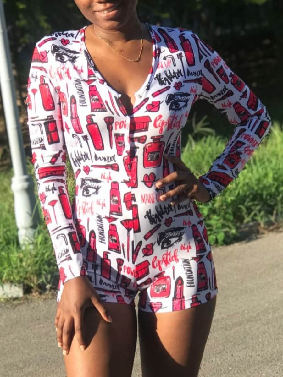 

Lovely Casual V Neck Print Red Sleepwear