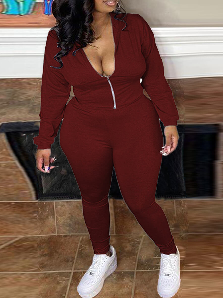 

Lovely Leisure Hooded Collar Zipper Design Wine Red Two Piece Pants Set