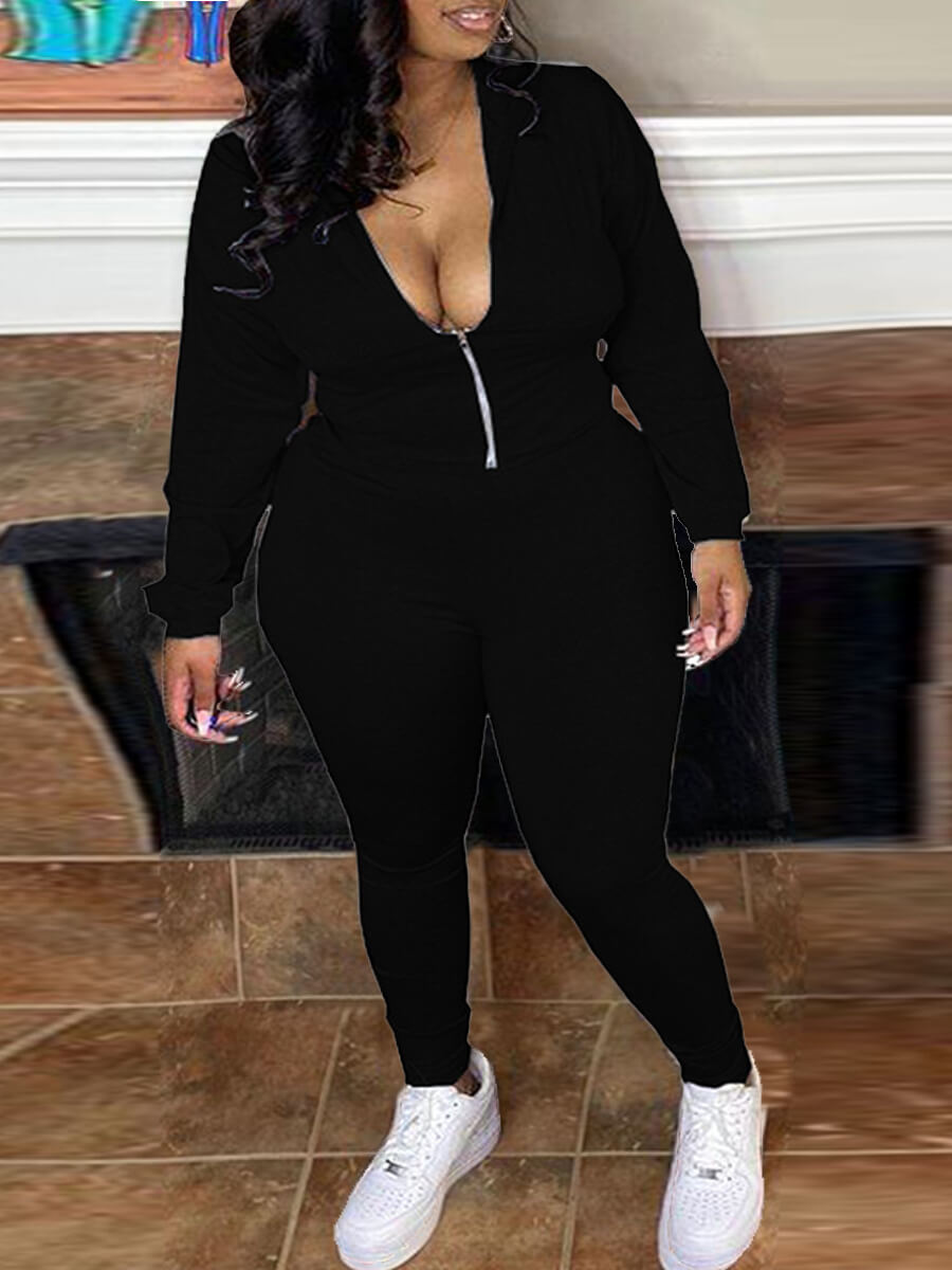 

Lovely Leisure Hooded Collar Zipper Design Black Two Piece Pants Set