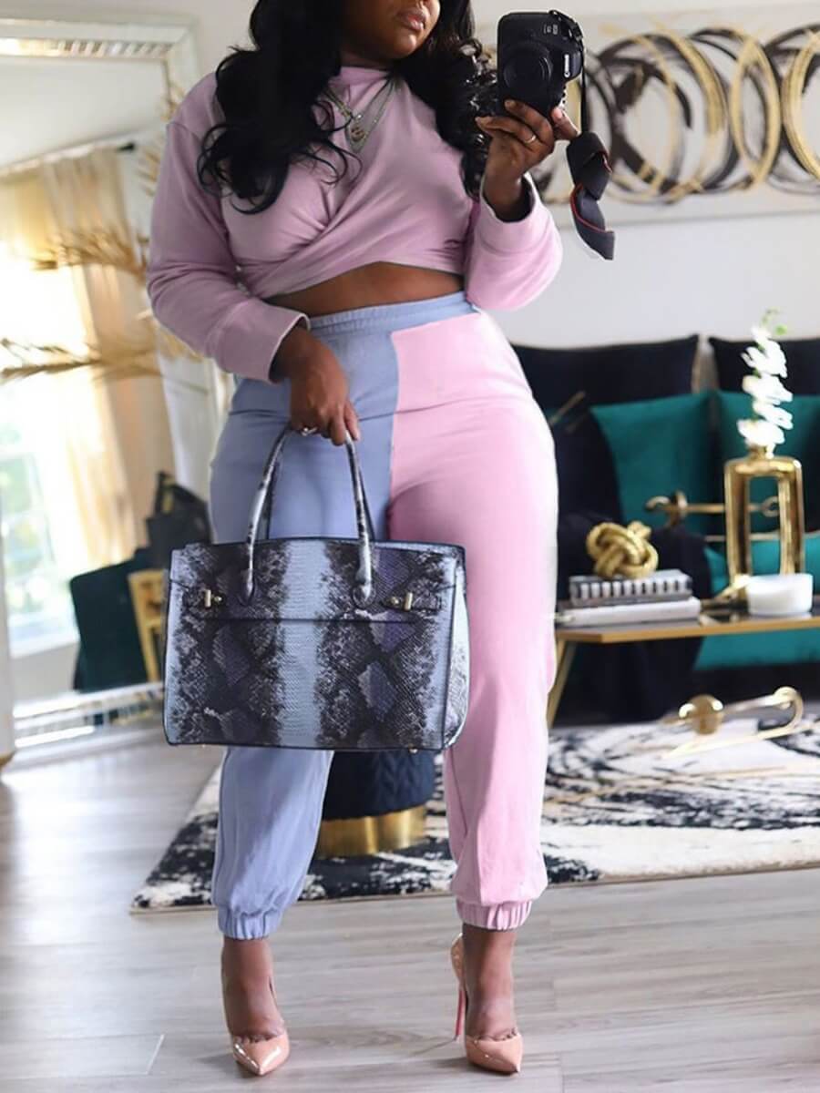

Lovely Casual O Neck Cross-over Design Patchwork Pink Plus Size Two-piece Pants Set