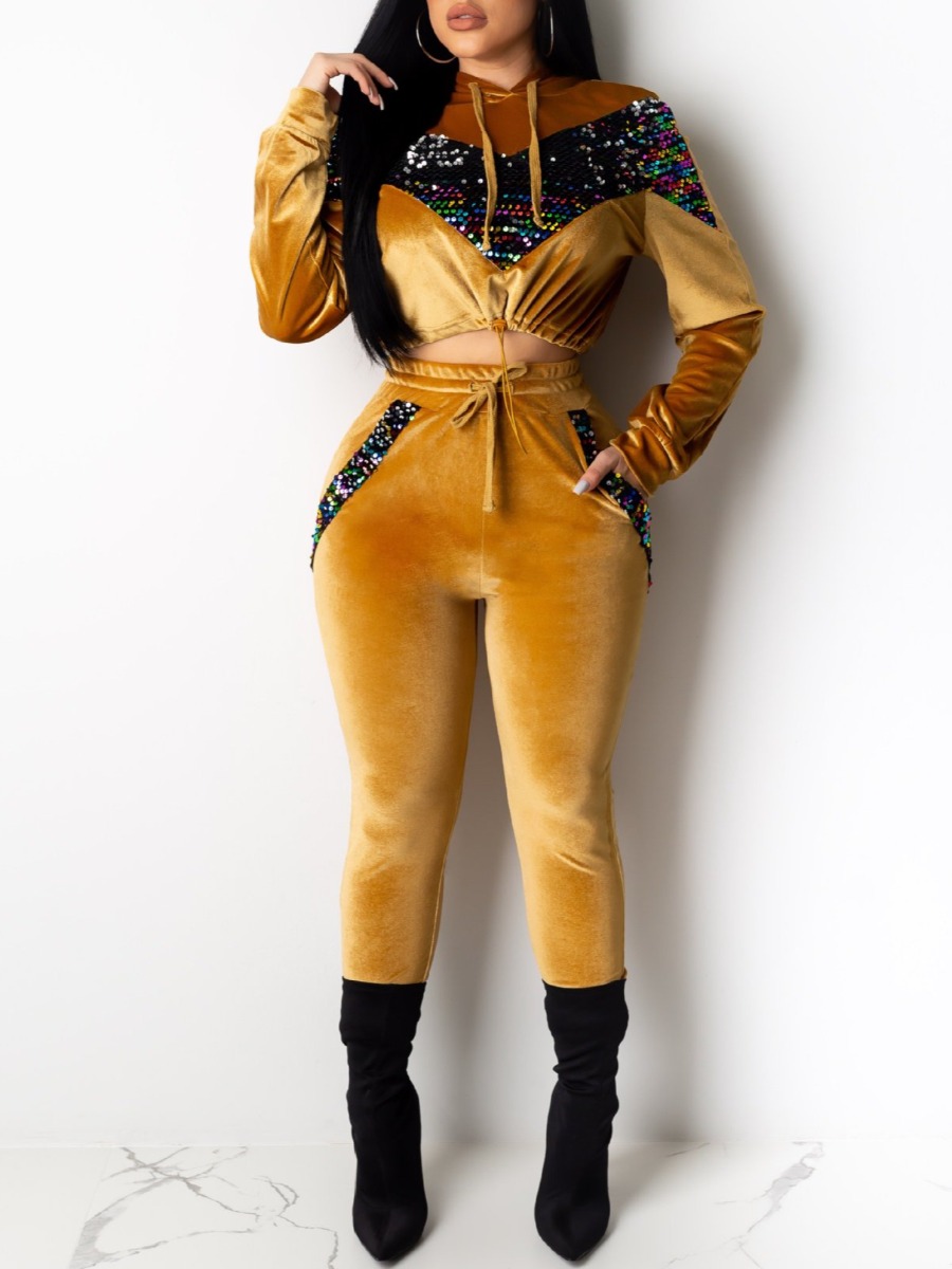

Lovely Casual Hooded Collar Patchwork Yellow Two Piece Pants Set