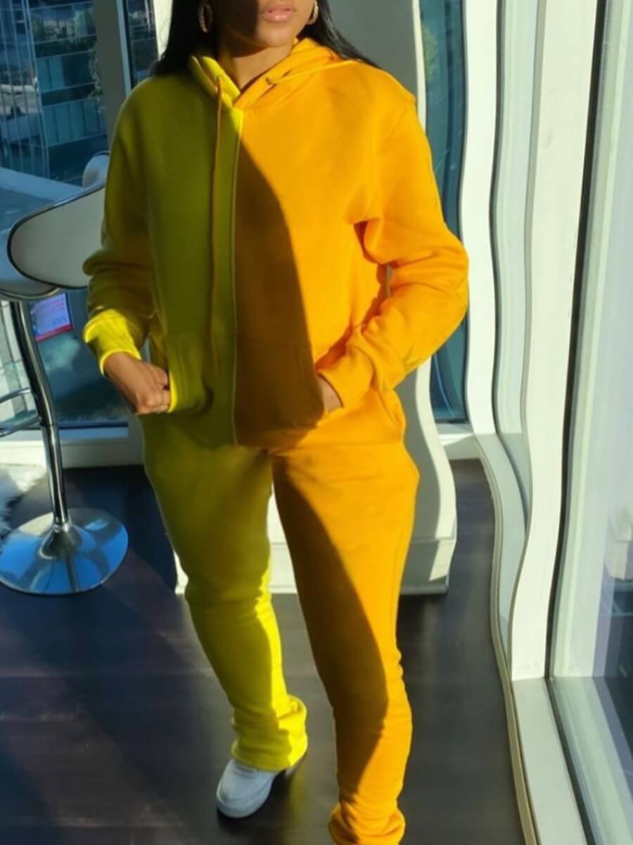 

Lovely Sportswear Hooded Collar Patchwork Yellow Two Piece Pants Set