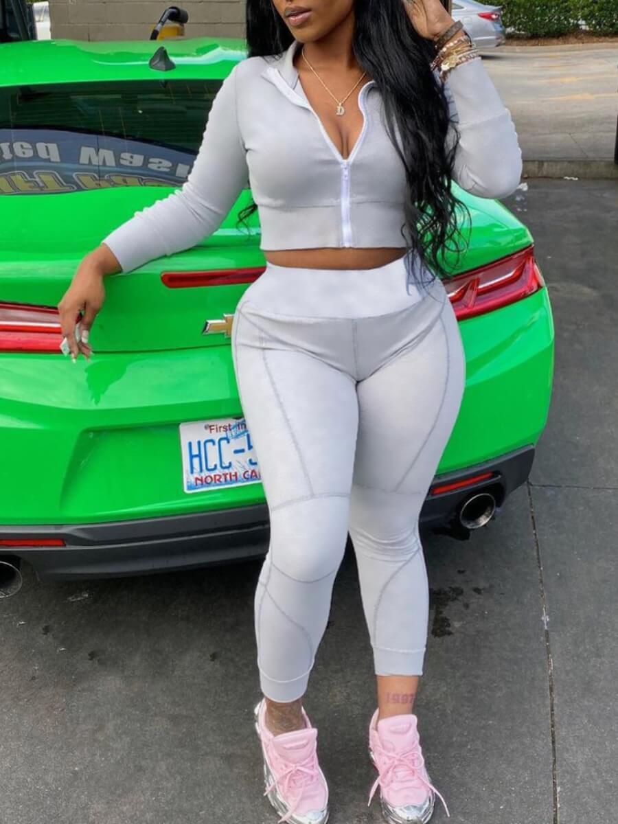 

Lovely Sportswear Turndown Collar Zipper Design Grey Two Piece Pants Set