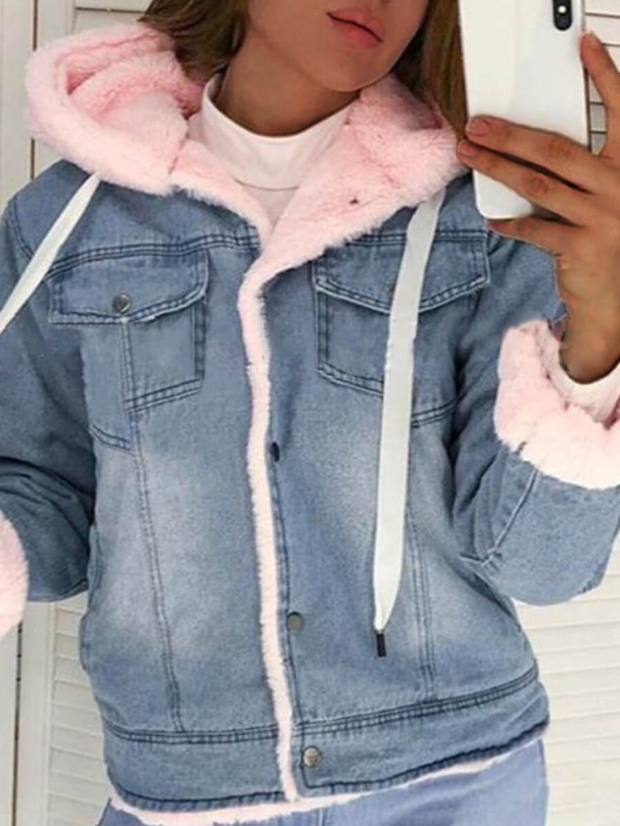 

Lovely Casual Hooded Collar Patchwork Pink Denim Jacket