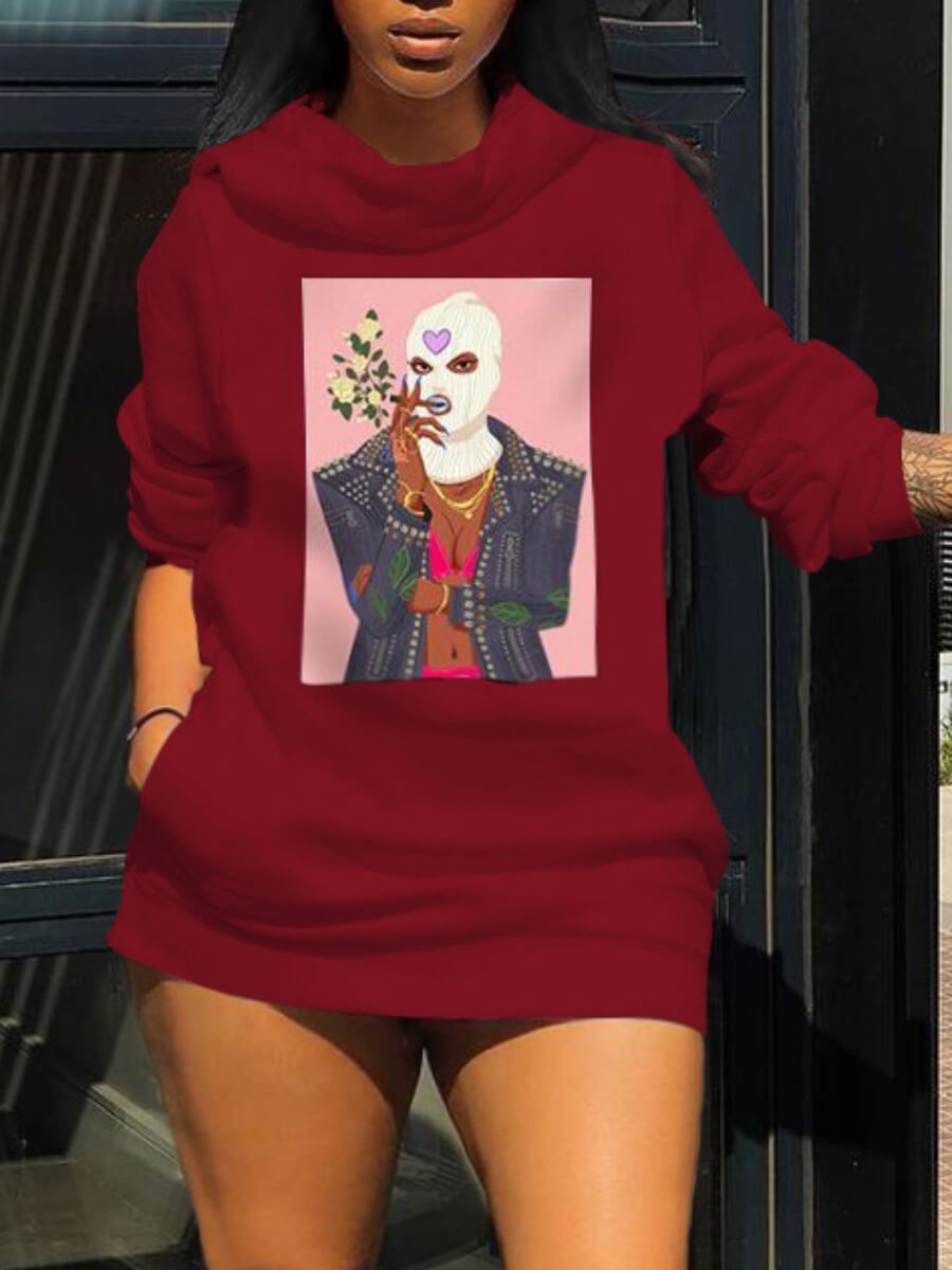 

Lovely Casual Hooded Collar Print Wine Red Mini Plus Size Dress